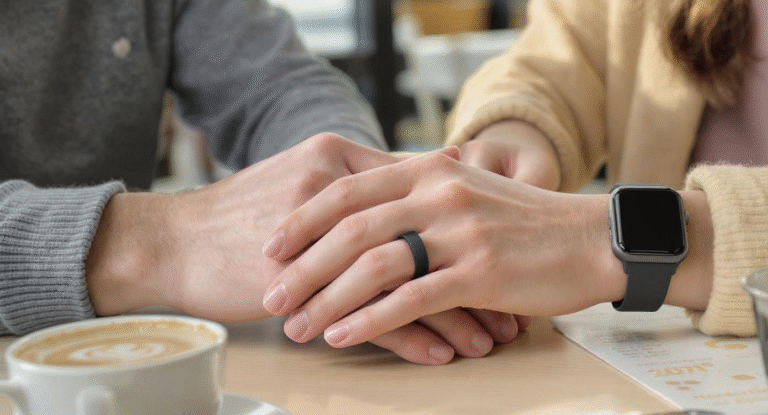 A close-up of a woman’s hand wearing both a smart ring and a smartwatch while holding hands with a man, showcasing wearable technology options in an intimate lifestyle moment.