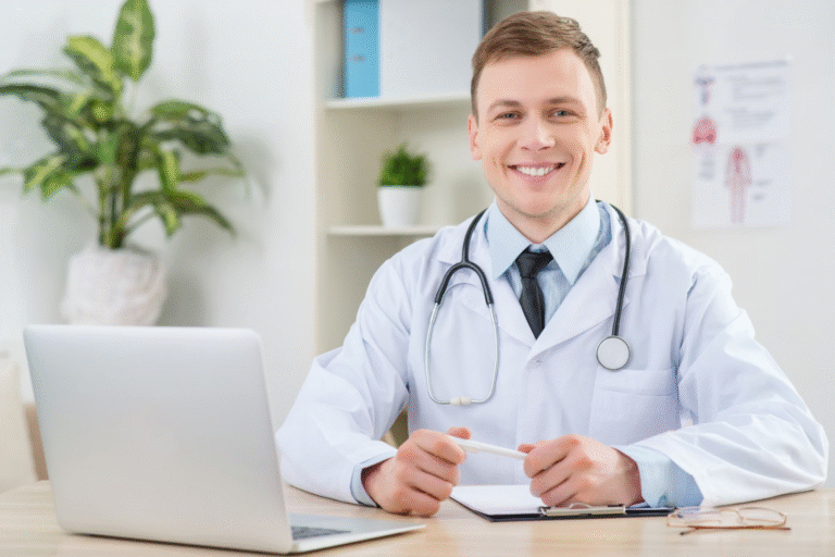 A smiling doctor symbolizing trust and medical reliability in health technology